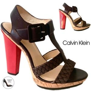 Calvin Klein Bea Platform Stiletto Heel Sandal Brow Red Leather T-Strap Pump 7.5